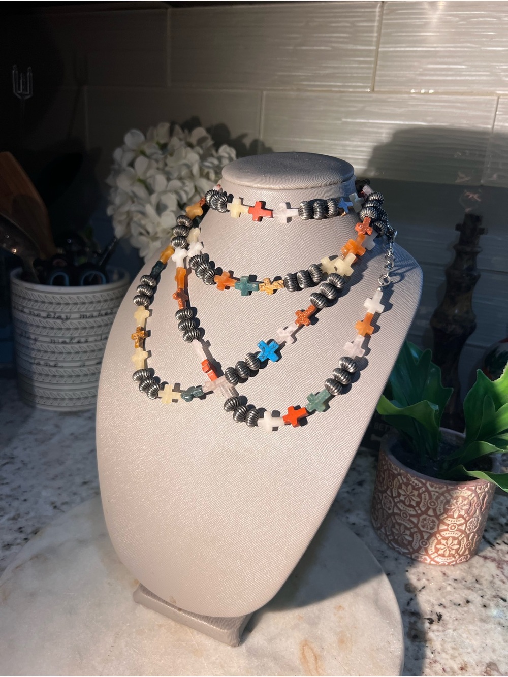 Handmade Multicolor Cross Bead Necklace Set - super long chain 3ft